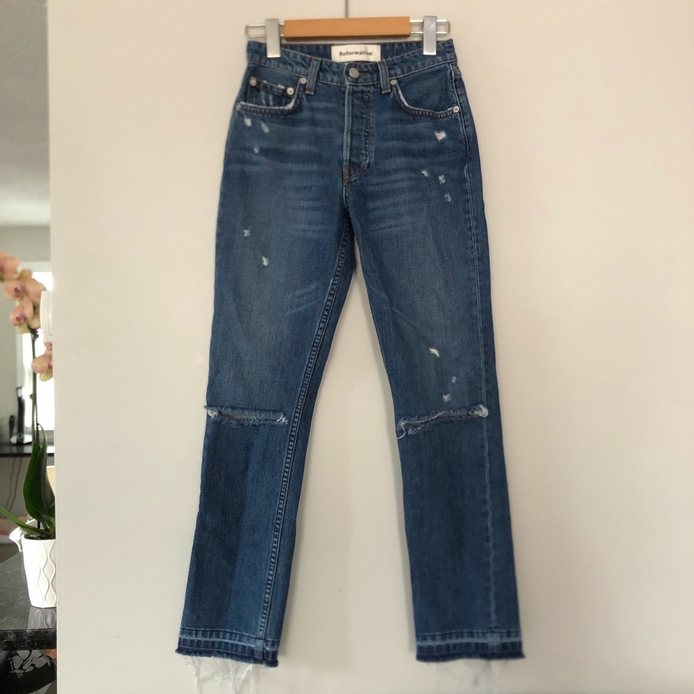 Reformation Distressed Mid Rise Slim Jeans